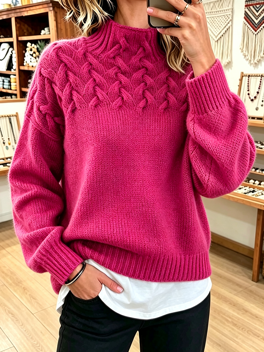 Amelia™ | Chic Cozy Basketweave Cable-knit Mock Neck Sweater