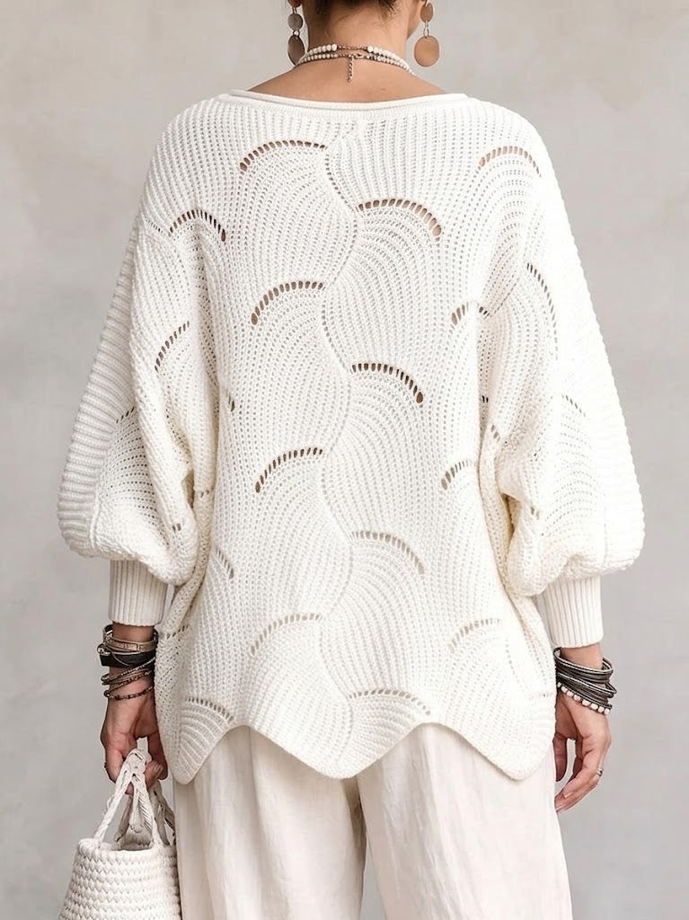 Julia™ | Hollow Wave Pattern Loose Lantern Sleeve Knit Top