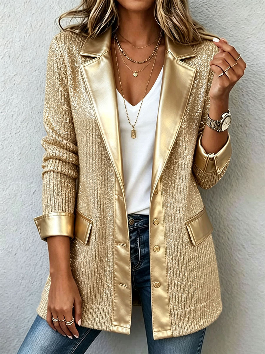 Zarae™ | Chic Gold Knit Blazer With Sleek Faux Leather Trim