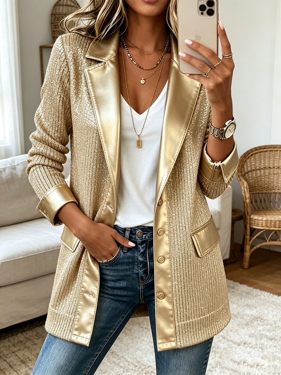 Zarae™ | Chic Gold Knit Blazer With Sleek Faux Leather Trim
