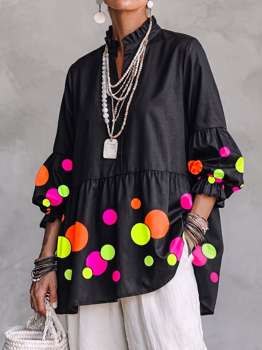 Kennedy™ | Artistic Neon Polka-Dot Linen Peplum Tunic