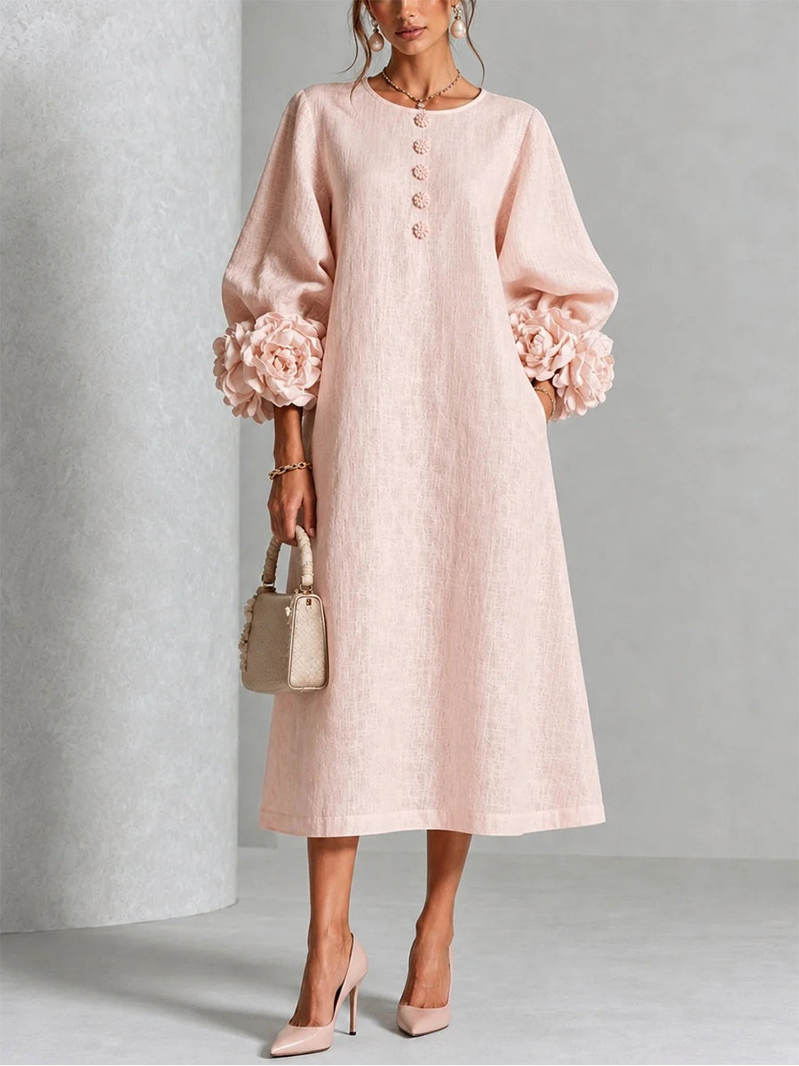 Alice™ | Elegant Blush Pink 3D Rosette Midi Dress