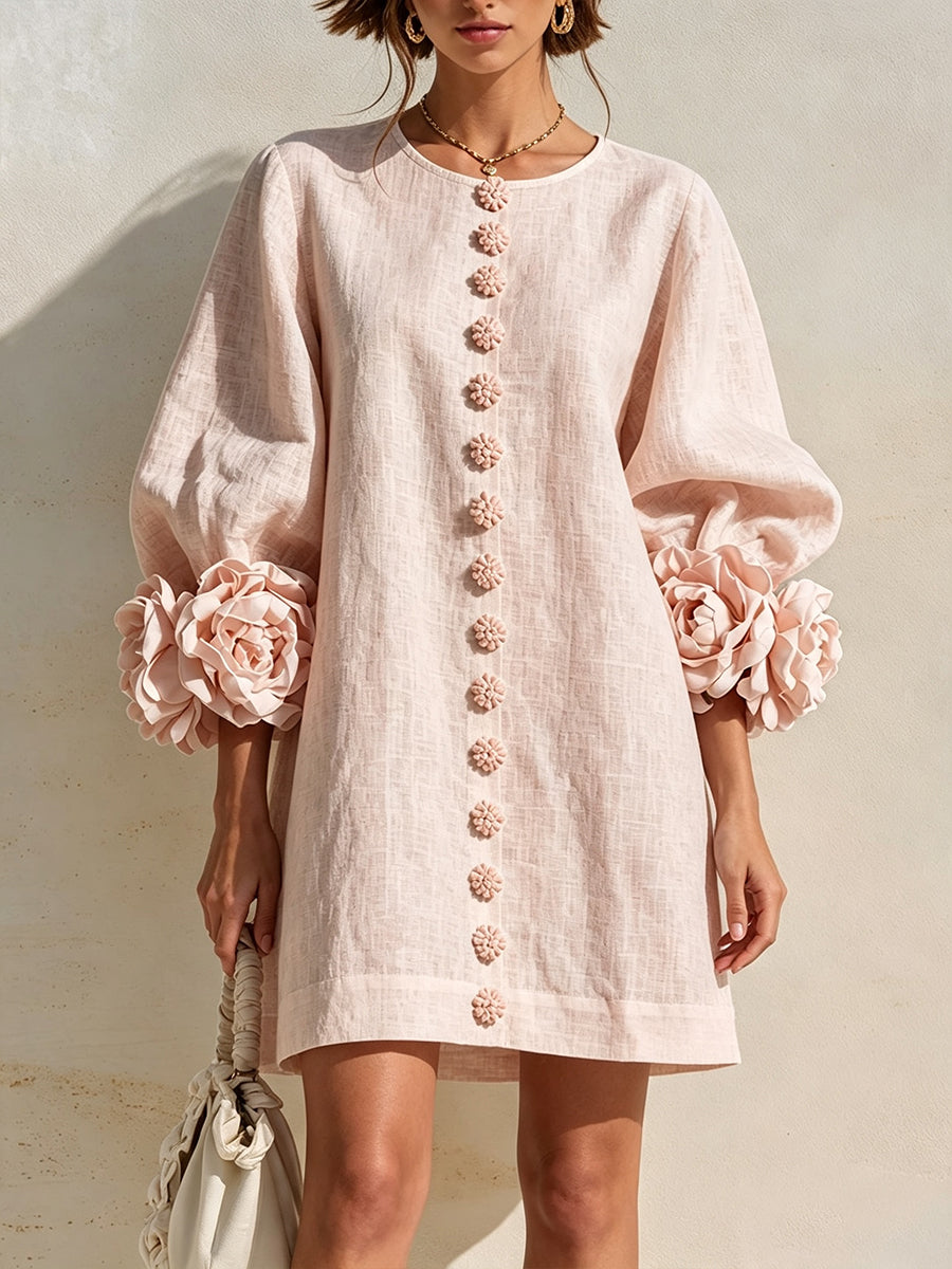Ella™ | Romantic Blush 3D Floral Sleeve Mini Dress