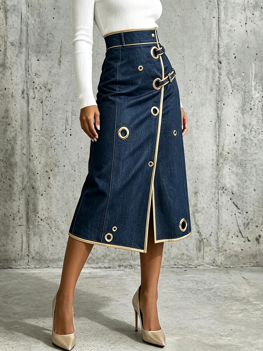 Penelope™ | Chic And Refined Denim Midi Skirt With Gold Piping.