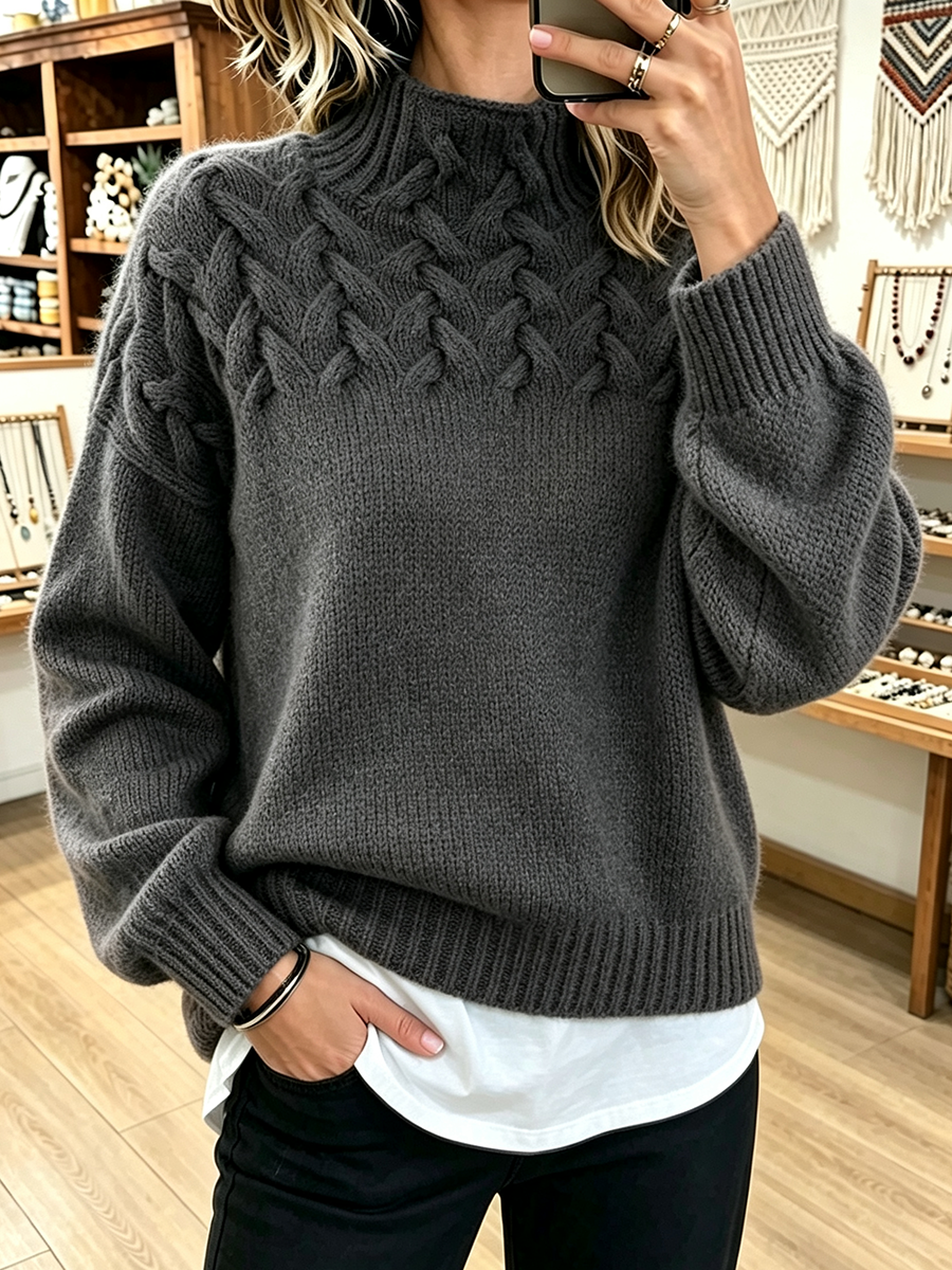 Amelia™ | Chic Cozy Basketweave Cable-knit Mock Neck Sweater