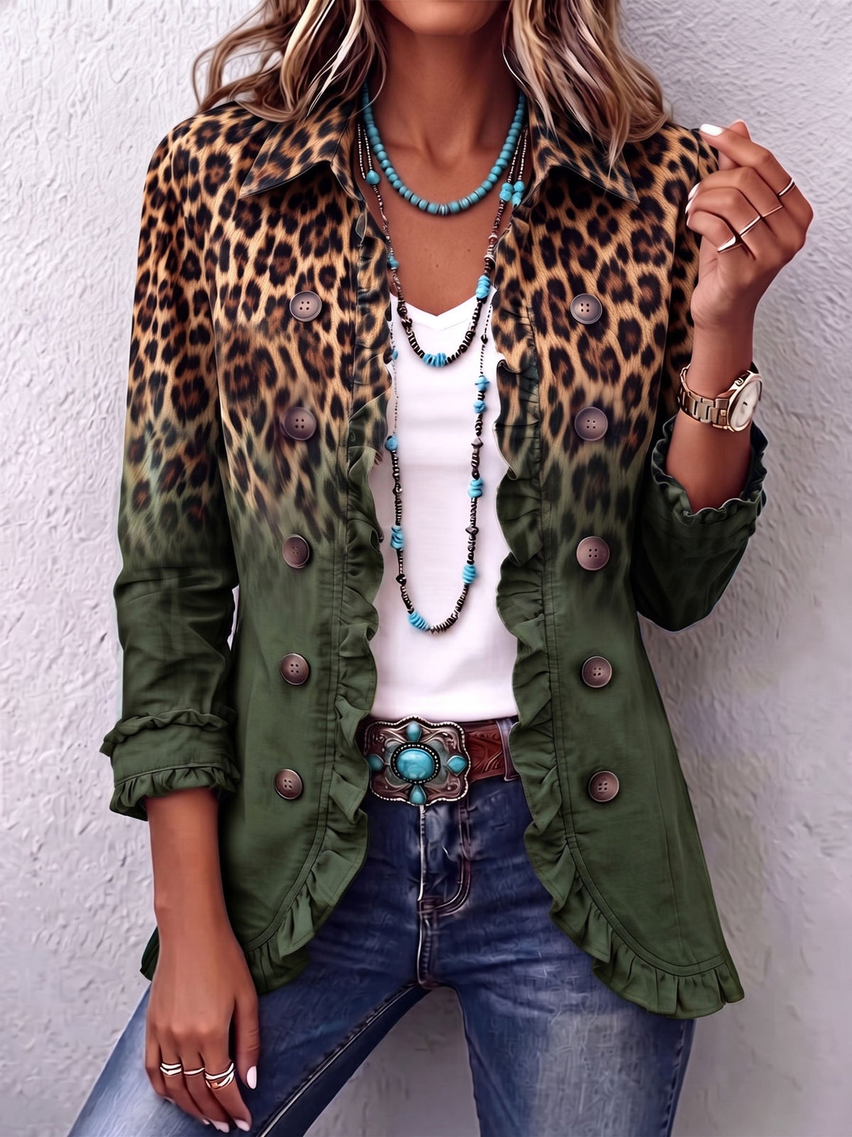 Chloe™ | Bold Boho Leopard & Teal Ruffle Blazer Jacket