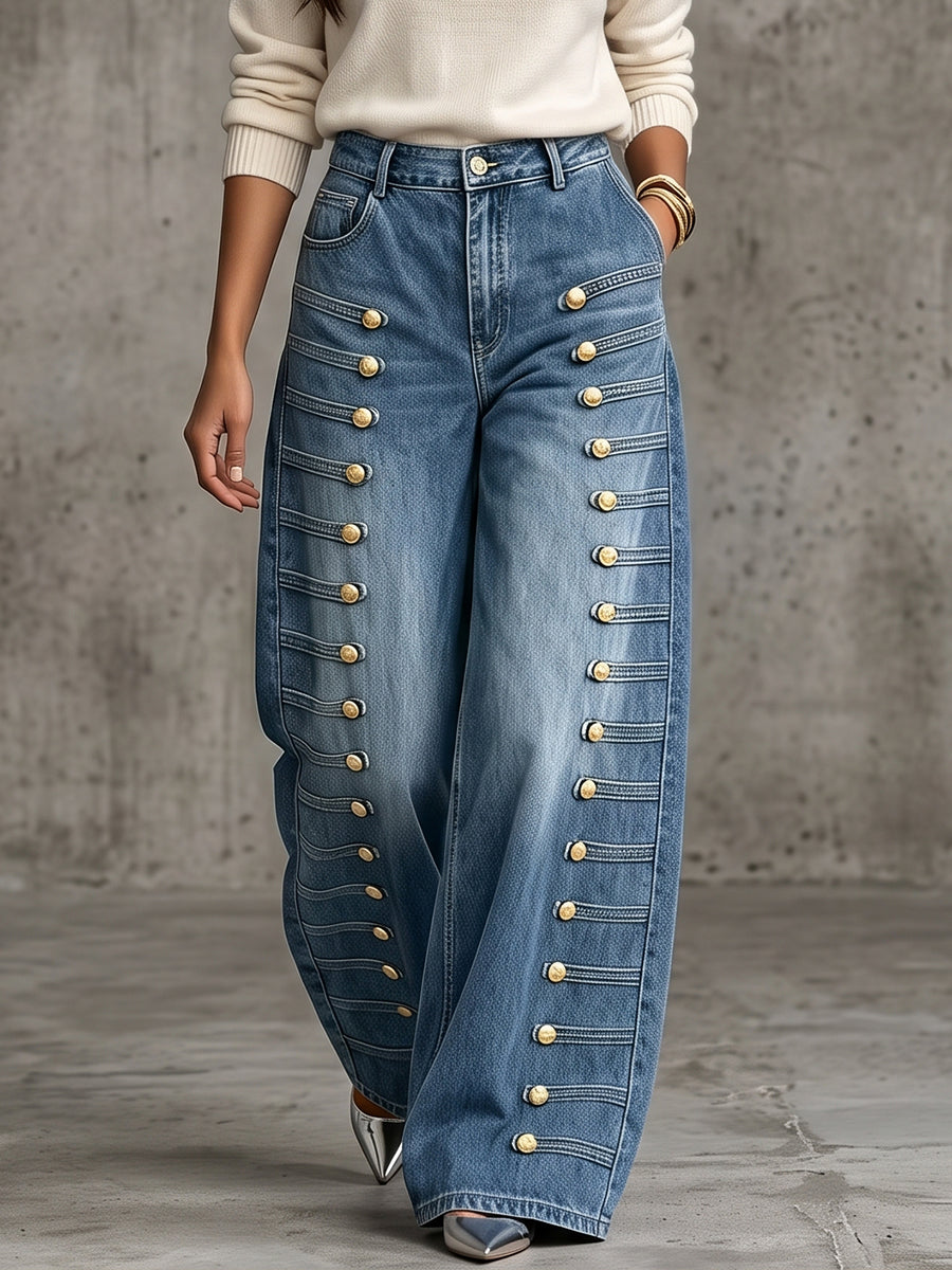 Hazel™ | Casual Military-style Jeans With Metal Buttons
