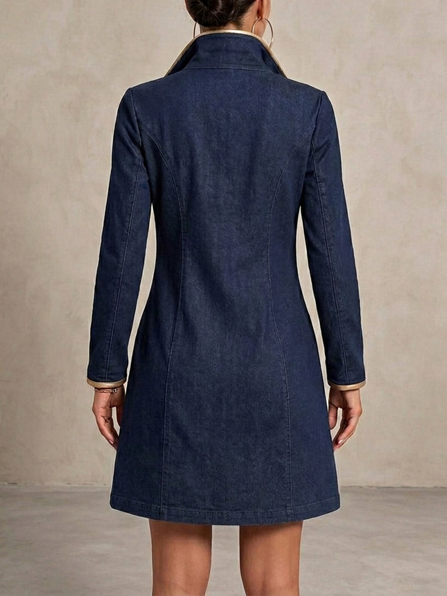 Hannah™ | Women's Long-sleeved Casual Loose Denim Dress With Gold Trim And Metallic Eyelets