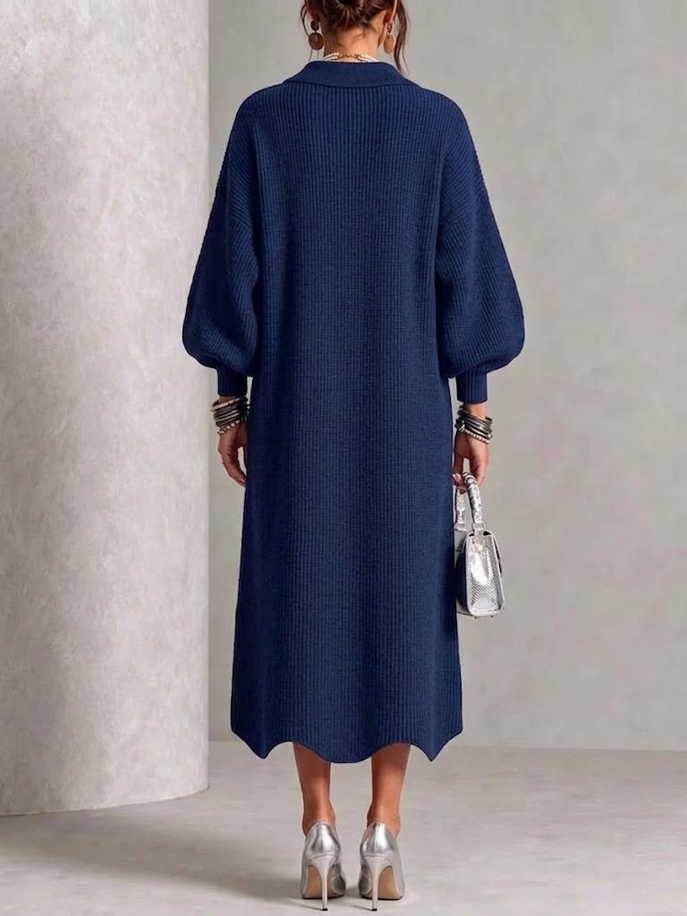 Nora™ | Long-sleeve Knit Dress With A Large Metal Buckle, Lapel Collar, And Lantern Sleeves